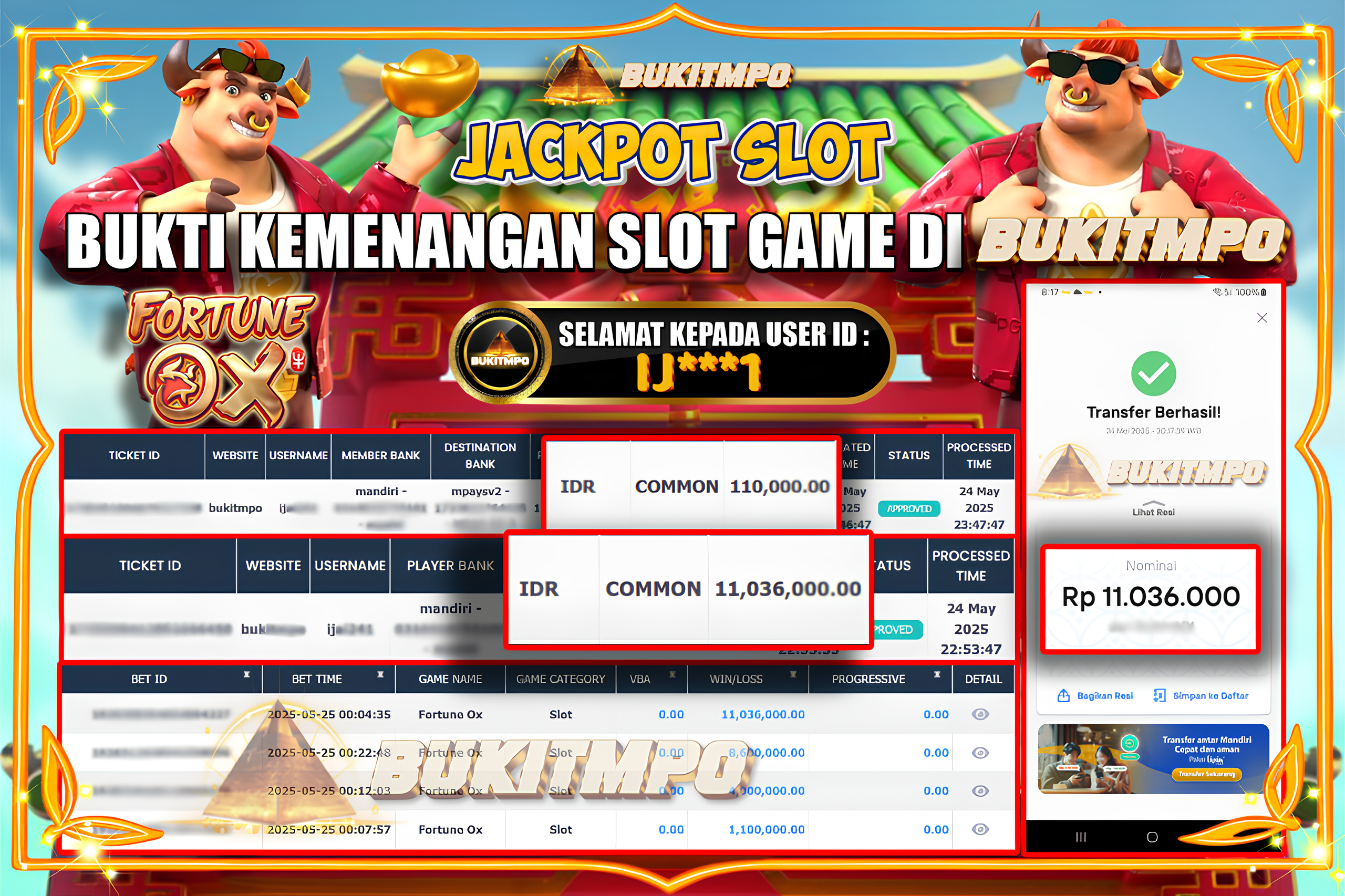 BUKITMPO JACKPOT SLOT Fotune Ox Rp.11.036.000,- LUNAS